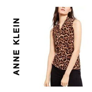 NWOT Ann Klein Leopard Print Pleated Neck Top